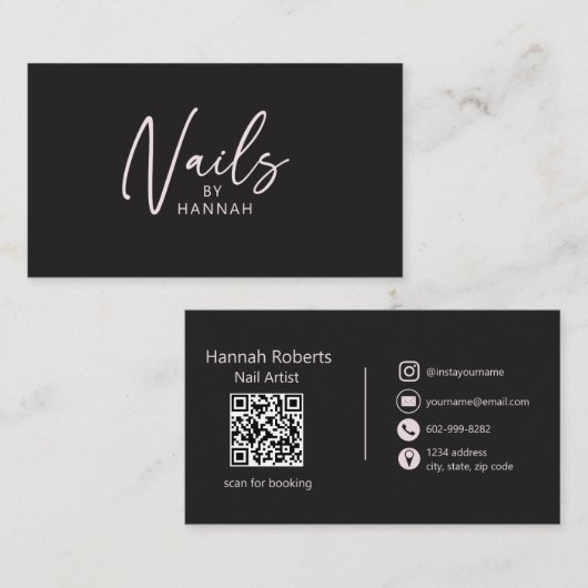 Schwarzer Pink QR-Code Nageldesignerin Moderne Typ Visitenkarte (Vorne/Hinten)