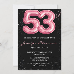 Schwarzer Pinker Ballon Glam Glitter 53. Geburtsta Einladung