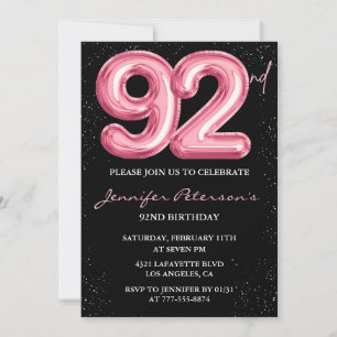 Schwarzer Pinker Luftballon Glam Glitter 92. Gebur Einladung