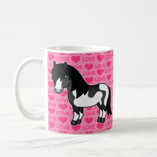 Schwarzer Pinto Shetland Pony auf rosa Liebe Muste Kaffeetasse (Links)