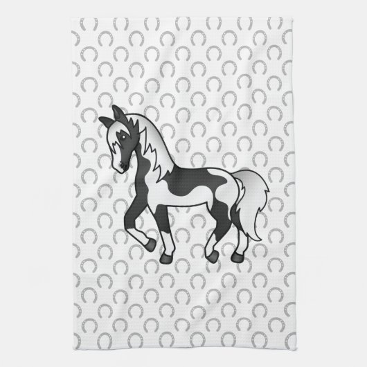 Schwarzer Pinto Trotting Horse Cartoon Illustratio Geschirrtuch (Vertikal)