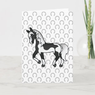 Schwarzer Pinto Trotting Horse Cartoon Illustratio Karte