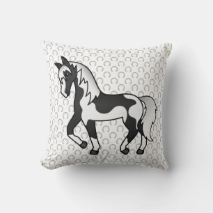 Schwarzer Pinto Trotting Horse Cartoon Illustratio Kissen
