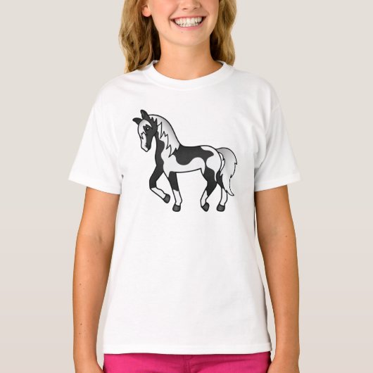 Schwarzer Pinto Trotting Horse Cartoon Illustratio T-Shirt (Vorderseite)