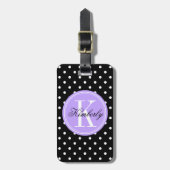 Schwarzer Polka-Dot mit Lilac Monogramm Gepäckanhänger (Vorderseite vertikal)