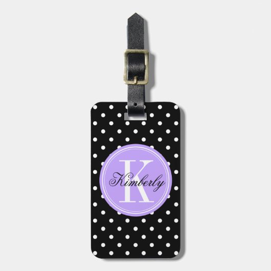 Schwarzer Polka-Dot mit Lilac Monogramm Gepäckanhänger (Vorderseite vertikal)