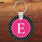 Schwarzer Polka Dot Rosa Monogramm Schlüsselanhänger (Vorderseite)