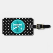 Schwarzer Polka-Punkt mit aquamarinem Monogramm Gepäckanhänger (Vorderseite horizontal)