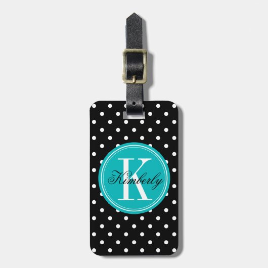 Schwarzer Polka-Punkt mit aquamarinem Monogramm Gepäckanhänger (Vorderseite vertikal)