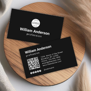 Schwarzer QR-Code mit individuellem Logo und Socia Visitenkarte