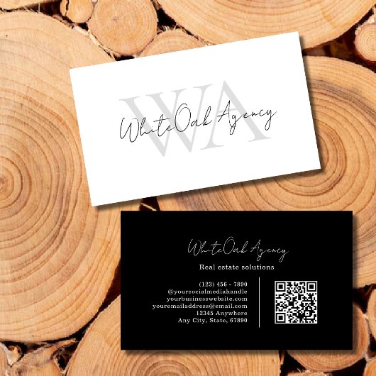 Schwarzer QR-Code Moderne Kalligrafie-Schrift Mono Visitenkarte