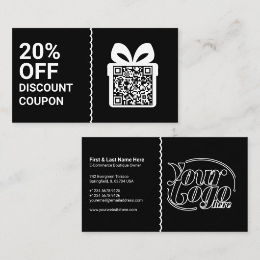 Schwarzer Rabatt-Coupon QR-Code-Marketing Visitenkarte (Vorne/Hinten)