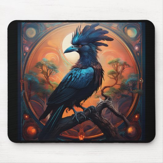 Schwarzer Rabe auf einem knorrigen Ast sitzend Mousepad (Vorne)