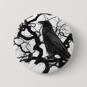 Schwarzer Rabe im Baum Schwarz-Weiß-Foto Button (Vorderseite)
