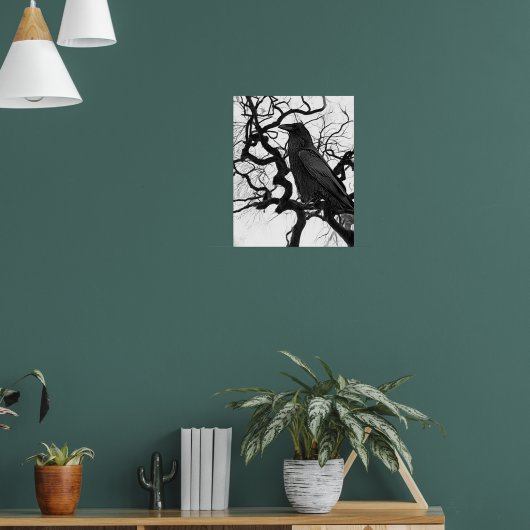 Schwarzer Rabe im Baum Schwarz-Weiß-Foto Poster (Wohnzimmer 1)