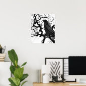 Schwarzer Rabe im Baum Schwarz-Weiß-Foto Poster (Heimbüro)