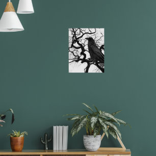 Schwarzer Rabe im Baum Schwarz-Weiß-Foto Poster