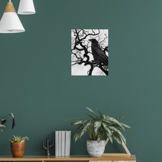Schwarzer Rabe im Baum Schwarz-Weiß-Foto Poster (Wohnzimmer 1)