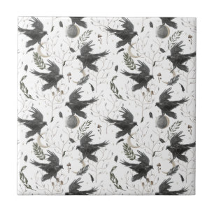 Schwarzer Rabe, Mond und wild lebende Pflanze Hexe Fliese