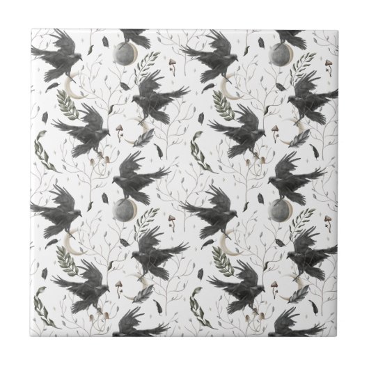 Schwarzer Rabe, Mond und wild lebende Pflanze Hexe Fliese (Vorderseite)