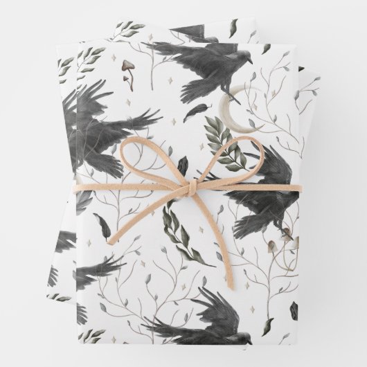 Schwarzer Rabe, Mond und wild lebende Pflanze Hexe Geschenkpapier Set (Beispiel)
