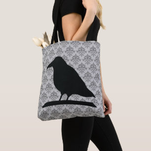 Schwarzer Rabe Vogelform mit Damast-Hintergrund Tasche