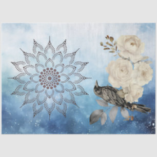 Schwarzer Rabe Weiße Blumen Blauer Hintergrund Seidenpapier