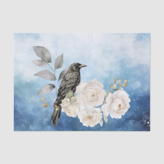 Schwarzer Rabe Weiße Blumen Blauer Hintergrund Seidenpapier (Vorderseite)