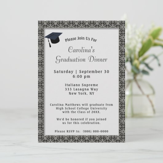 Schwarzer Rahmen Dinner Cap Grau Abschluss Einladung (Stehend Vorderseite)