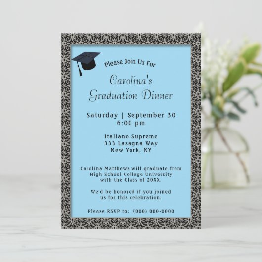 Schwarzer Rahmen Dinner Cap Light Blue Abschluss Einladung (Stehend Vorderseite)