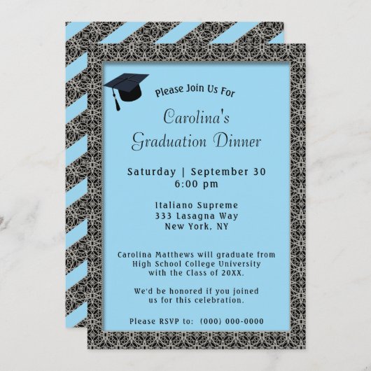 Schwarzer Rahmen Dinner Cap Light Blue Abschluss Einladung (Vorne/Hinten)