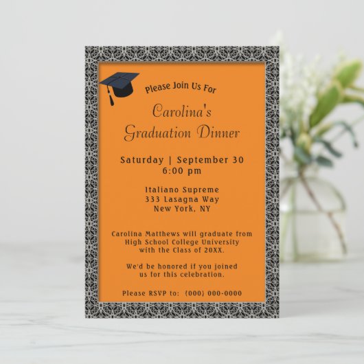 Schwarzer Rahmen Dinner Cap Orange Abschluss Einladung (Stehend Vorderseite)