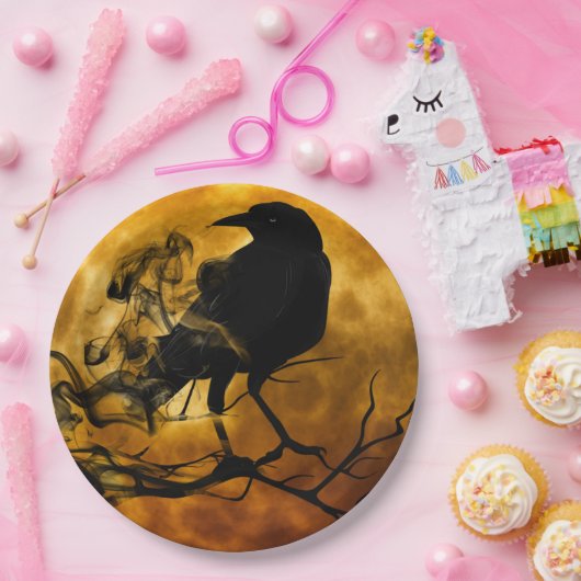 Schwarzer Raven in Totenbaum Halloween Pappteller (Party)