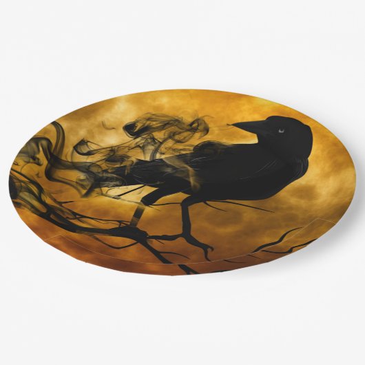 Schwarzer Raven in Totenbaum Halloween Pappteller (Schrägansicht)