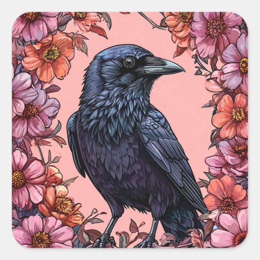 Schwarzer Raven umgeben von rosa und orangefarbene Quadratischer Aufkleber (Vorderseite)