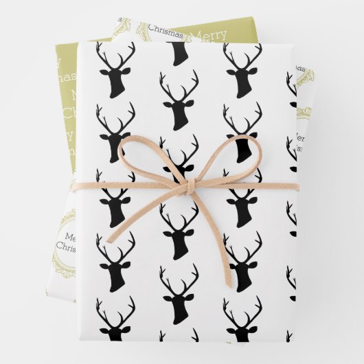 Schwarzer Rentierkopf mit Verziertem Goldrahmen Geschenkpapier Set (Beispiel)
