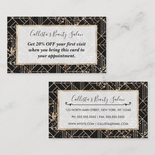 Schwarzer Retro Art Deco Geometrischer Paint-Sprit Rabattkarte (Vorne/Hinten)