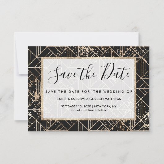 Schwarzer Retro Art Deco Geometrischer Paint-Sprit Save The Date (Vorderseite)