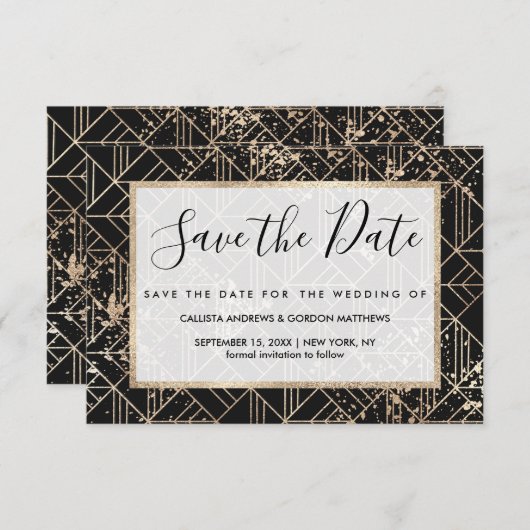 Schwarzer Retro Art Deco Geometrischer Paint-Sprit Save The Date (Vorne/Hinten)