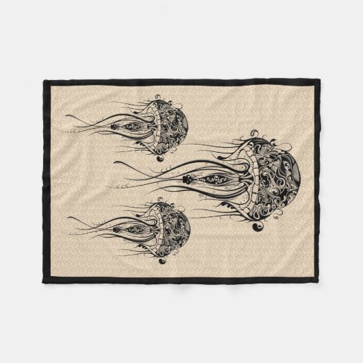 Schwarzer Retro Jellyfish Beige Hintergrund Fleecedecke (Vorderseite (Horizontal))