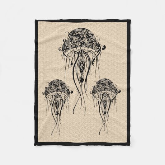 Schwarzer Retro Jellyfish Beige Hintergrund Fleecedecke (Vorderseite)