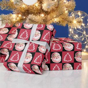 Schwarzer Retro-Weihnachtsmann-Weihnachtsbaum-Kari Geschenkpapier