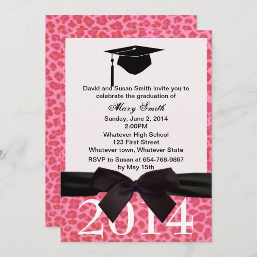 Schwarzer Ribbon Pink Leopard Abschluss Einladung (Vorne/Hinten)