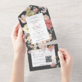 Schwarzer & Rosa Blush Boho Blumen QR Code All In One Einladung (Abreißen)