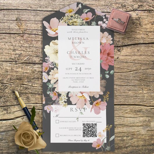 Schwarzer & Rosa Blush Boho Blumen QR Code All In One Einladung