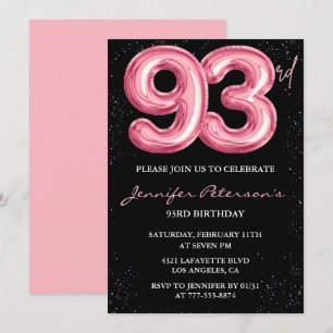 Schwarzer rosa Luftballon Glam 93. Geburtstag Einladung