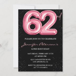 Schwarzer rosa Luftballon Glam Glitter 62. Geburts Einladung