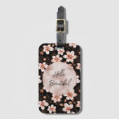 Schwarzer Rosa Rosa Rose Gold Floral Gepäckanhänger (Vorderseite Vertikal)