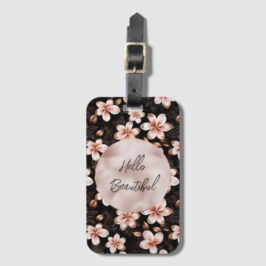 Schwarzer Rosa Rosa Rose Gold Floral Gepäckanhänger (Vorderseite Vertikal)