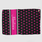 Schwarzer rosa Tupfen-Streifen-Skript-Name Golfhandtuch (Horizontal)